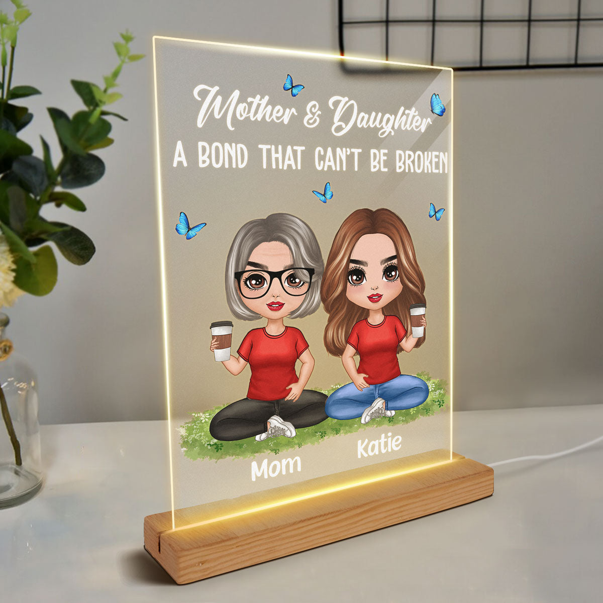 Doll Mom And Daughters Sitting On Grass Bond That Can‘t Be Broken Personalized Rectangle Acrylic Plaque LED Night Light