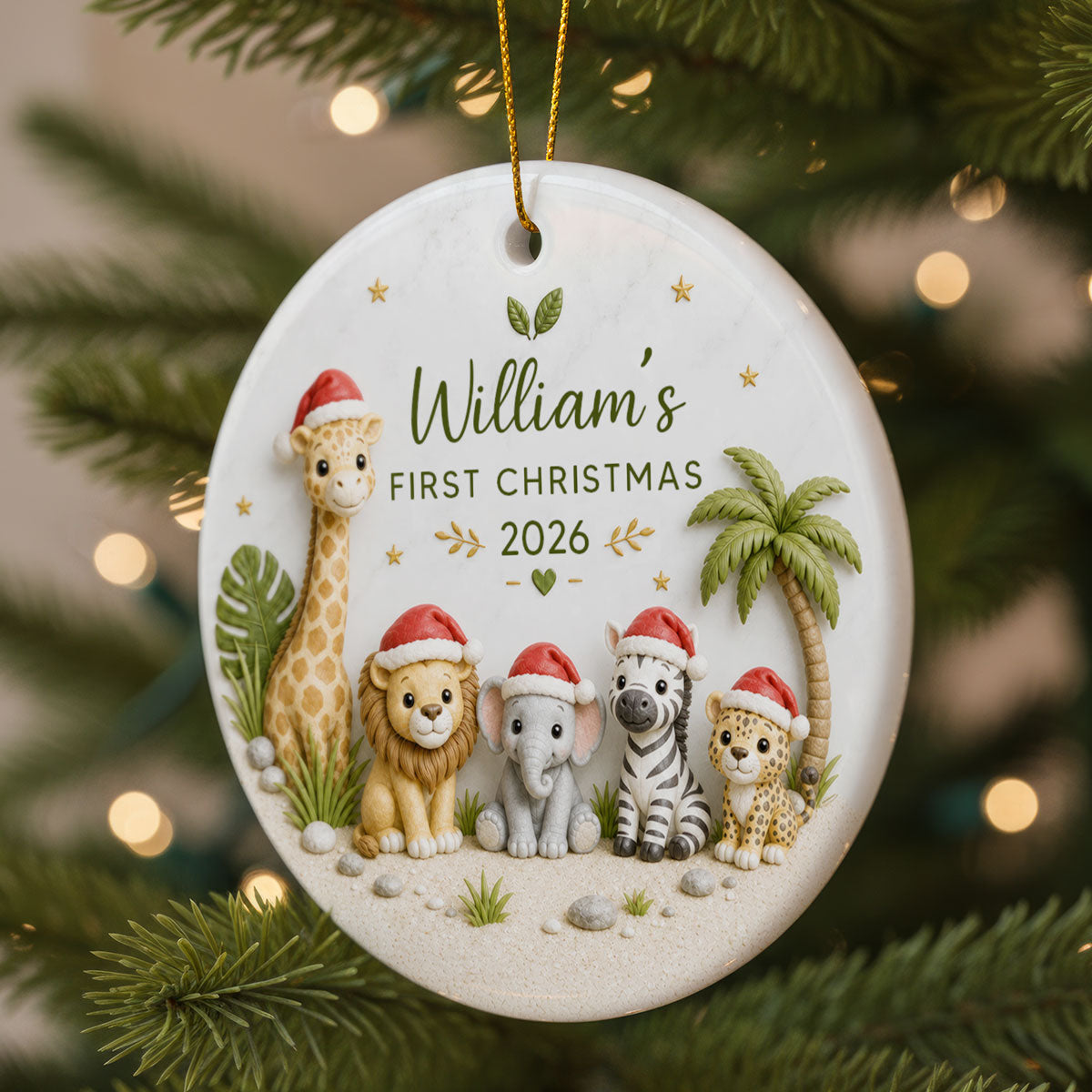 Baby’s First Christmas Safari Animals 2D Flat - Personalized Ceramic Ornament - Christmas Keepsake