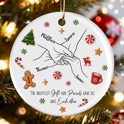 Sibling Hands Line Art - Personalized Ceramic Ornament - Christmas Gift For Brother, For Sister