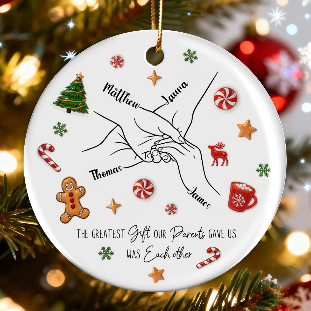 Sibling Hands Line Art - Personalized Ceramic Ornament - Christmas Gift For Brother, For Sister