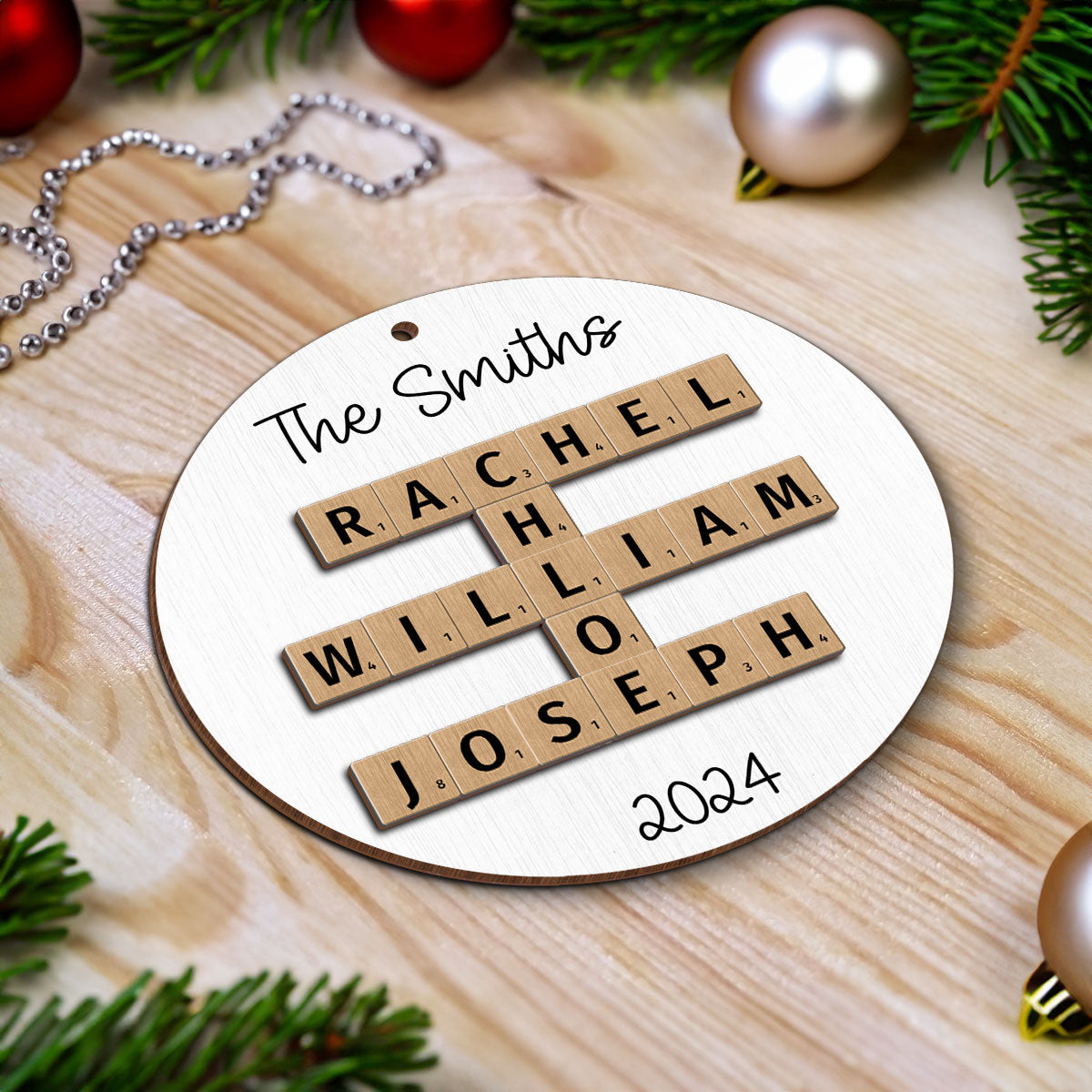 Rustic Family Names Crossword Puzzle Art Personalized 2-Layer Wooden Ornament, Christmas Gift For Family, For Parents, Grandparents, Siblings, Children