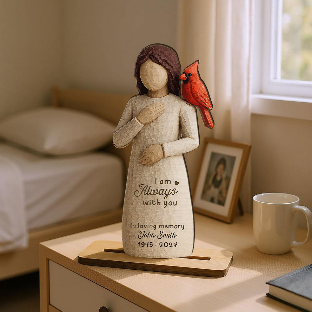 Always With You Cardinal & Woman 3D Effect Personalized Standing Wooden Plaque, Memorial Sympathy Gift