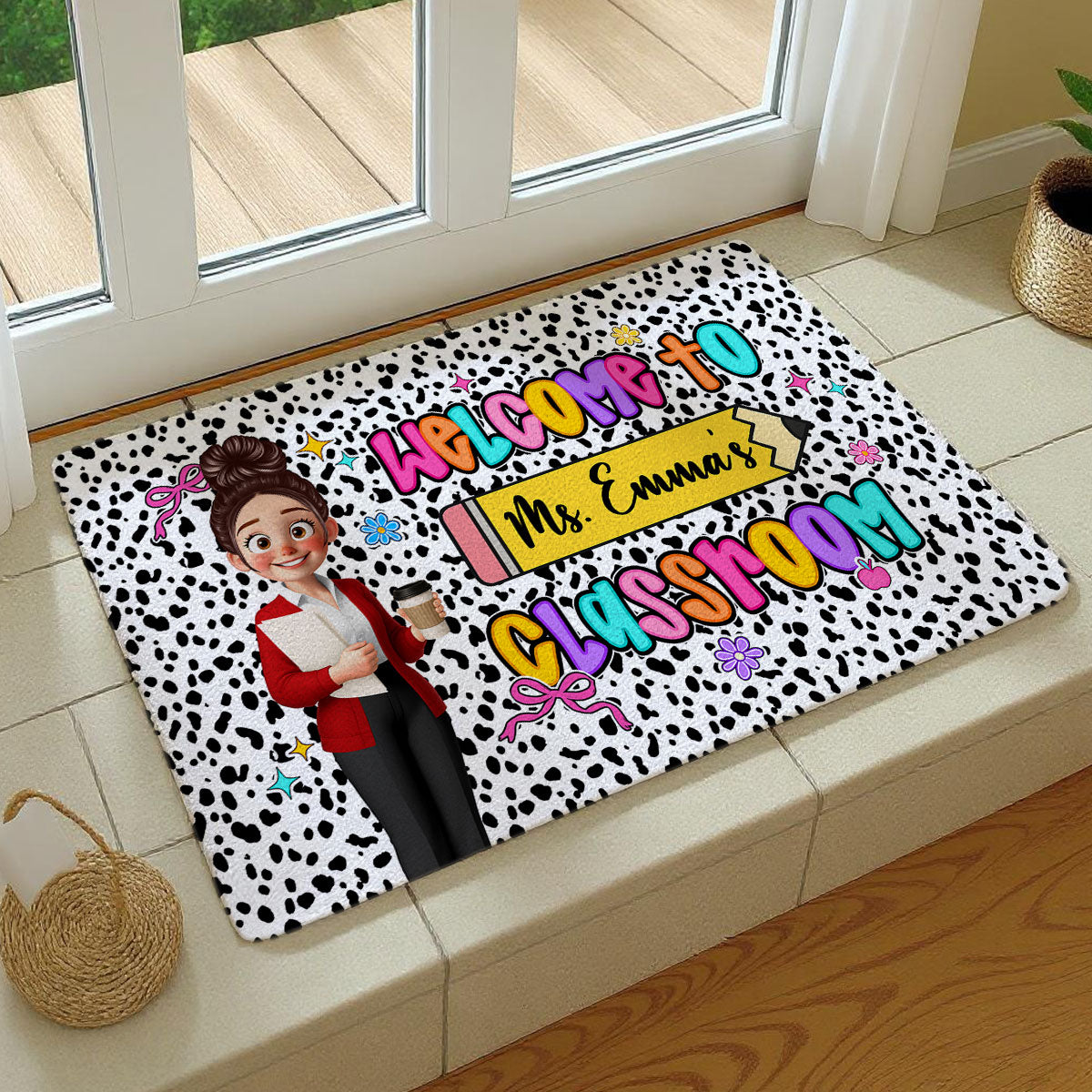 Preppy Style Teacher Happy To See Your Face Personalized Doormat