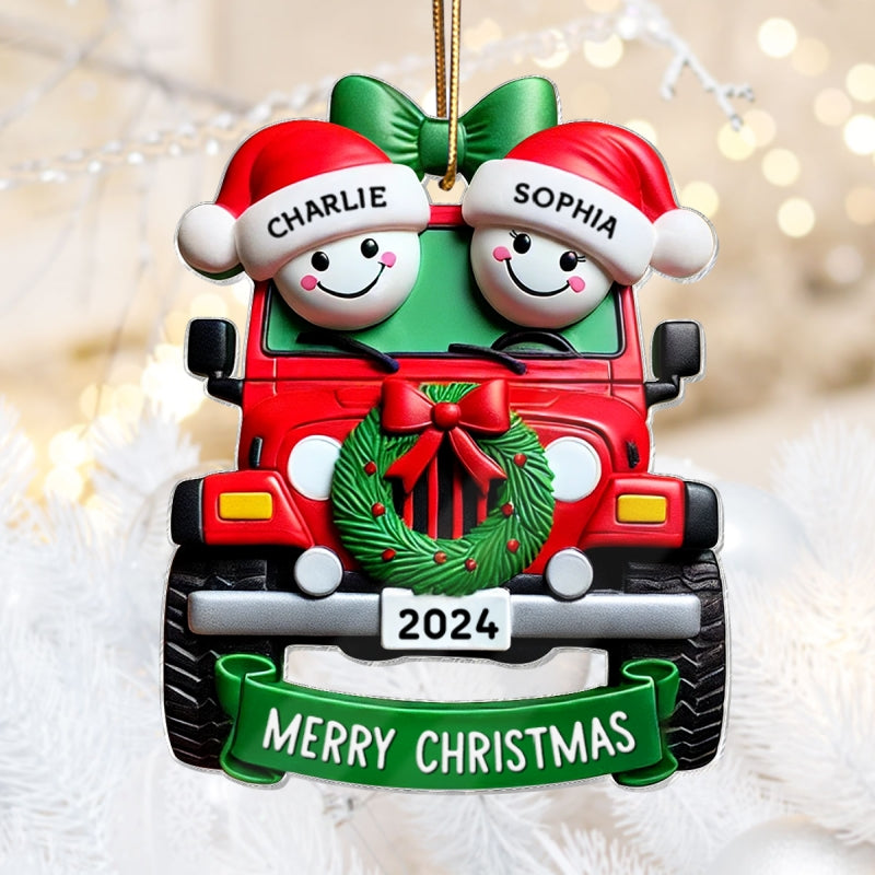 3D Effect Happy Couple On Christmas Car Personalized Acrylic Ornament