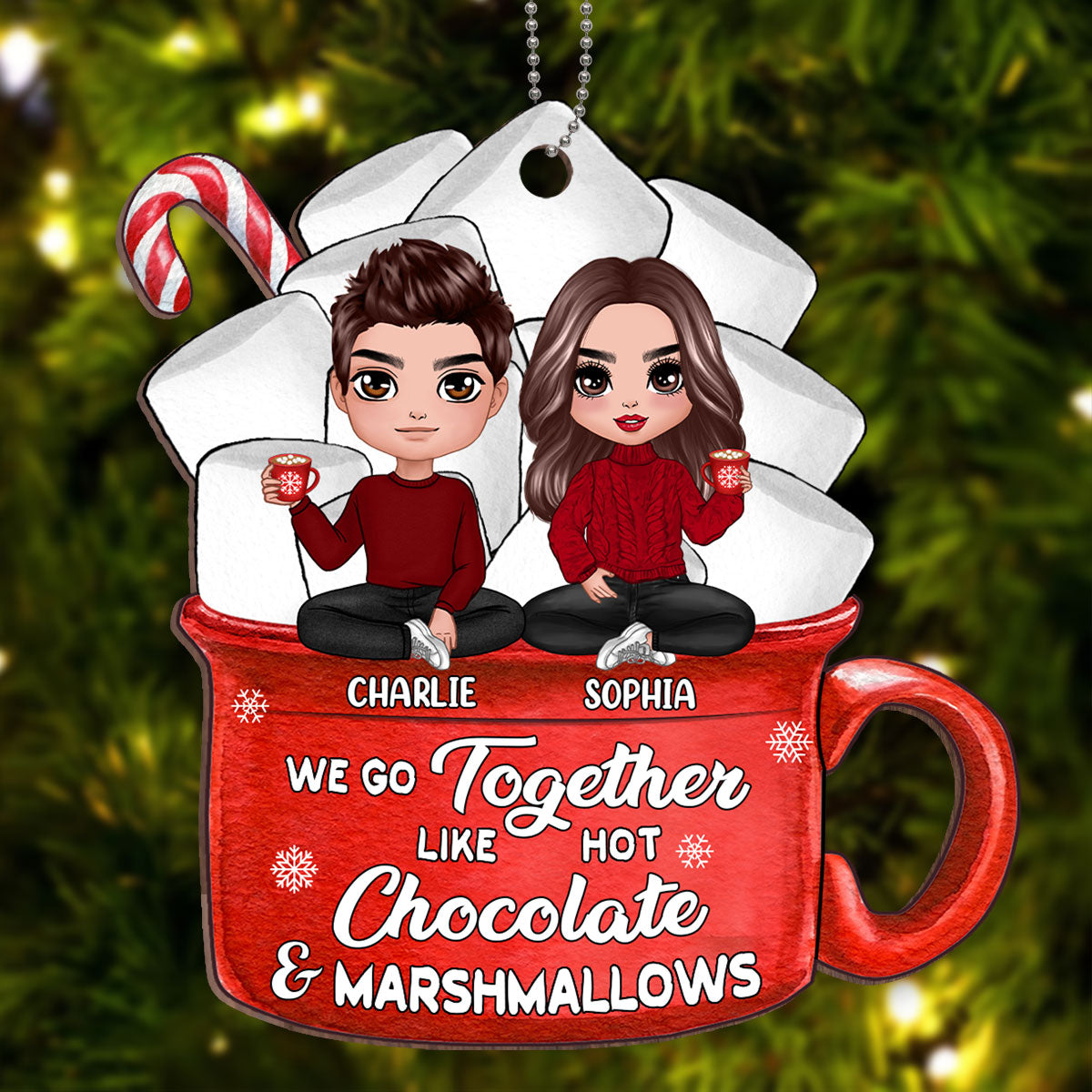 Doll Couple Sitting Hot Chocolate And Marshmallows Personalized Wooden Ornament