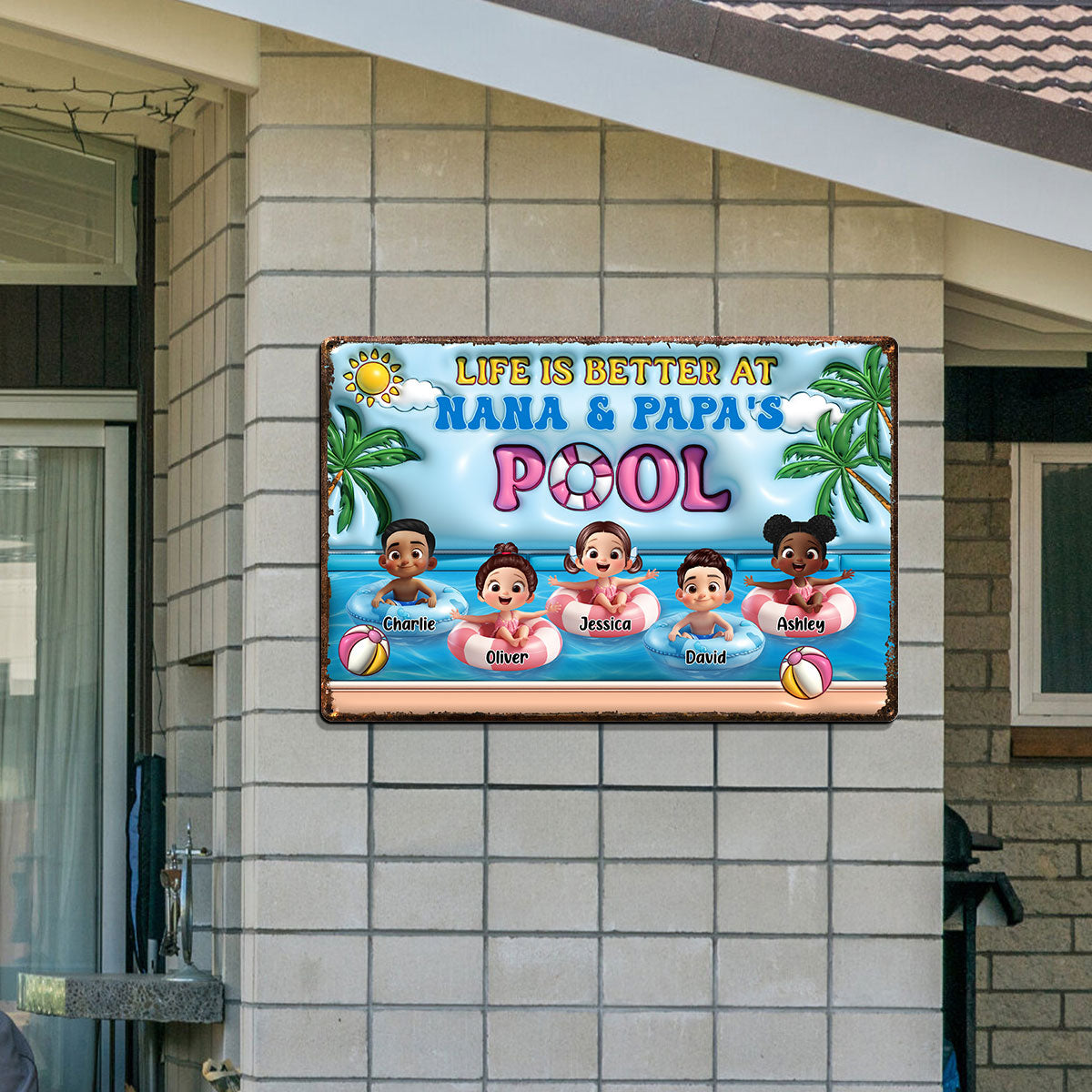 Life Is Better At Grandpa Grandma Pool 3D Inflated Effect Personalized Metal Sign, Grandchildren Welcome Sign