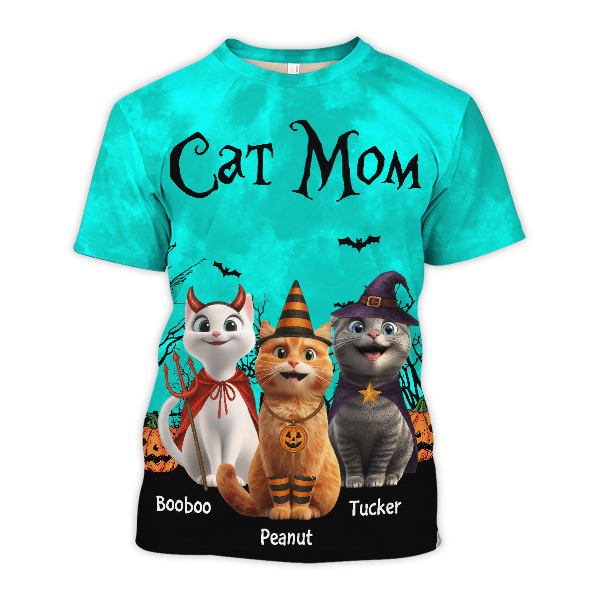Cat Mom Halloween Moon Light Bat Tree Cartoon Cat Personalized Shirt, Purrfect Costume for Cat Lover