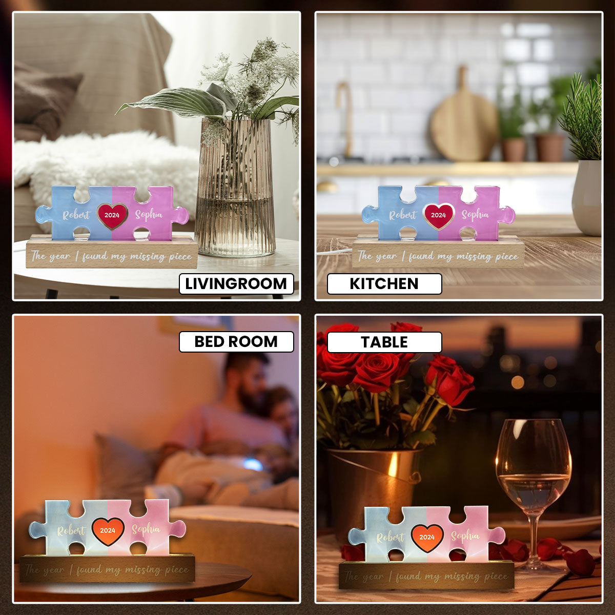 Love Is The Piece That Holds Us Together Couple Name Puzzle LED Night Light, Personalized Romantic Home Bedroom Decor For Couples,   Gifts For Her, For Him