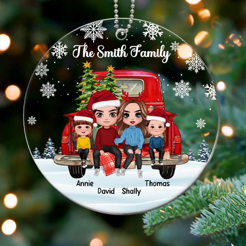 Family Couple Dad Mom Kids On Christmas Truck Personalized Acrylic Ornament
