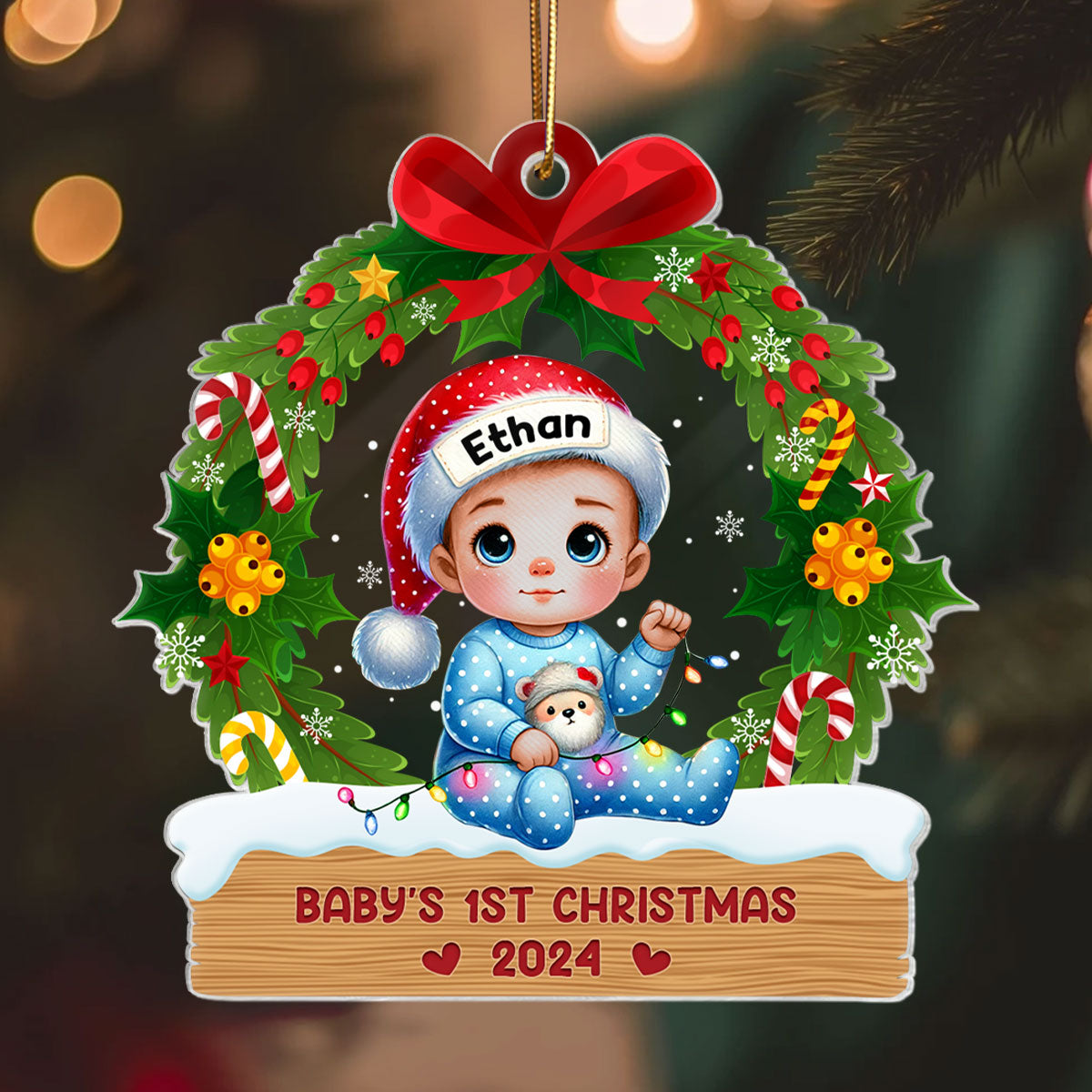 Baby's First Christmas Wreath Personalized Acrylic Ornament, Baby's First Christmas Keepsake for New Mom New Dad