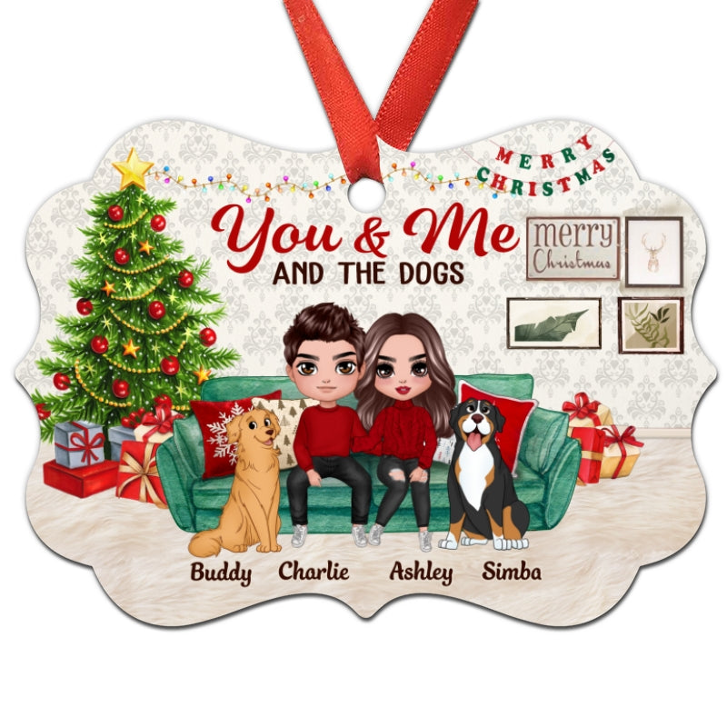 Couple And Dogs Sitting On Sofa Personalized Christmas Ornament