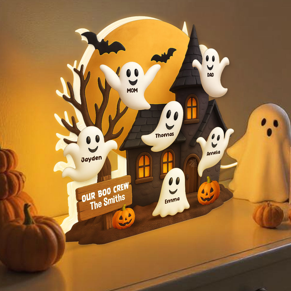 Halloween Boo Family Haunted House Personalized Light Box, Halloween Home Tabletop, Tiered Tray, Shelf Sitter Decoration