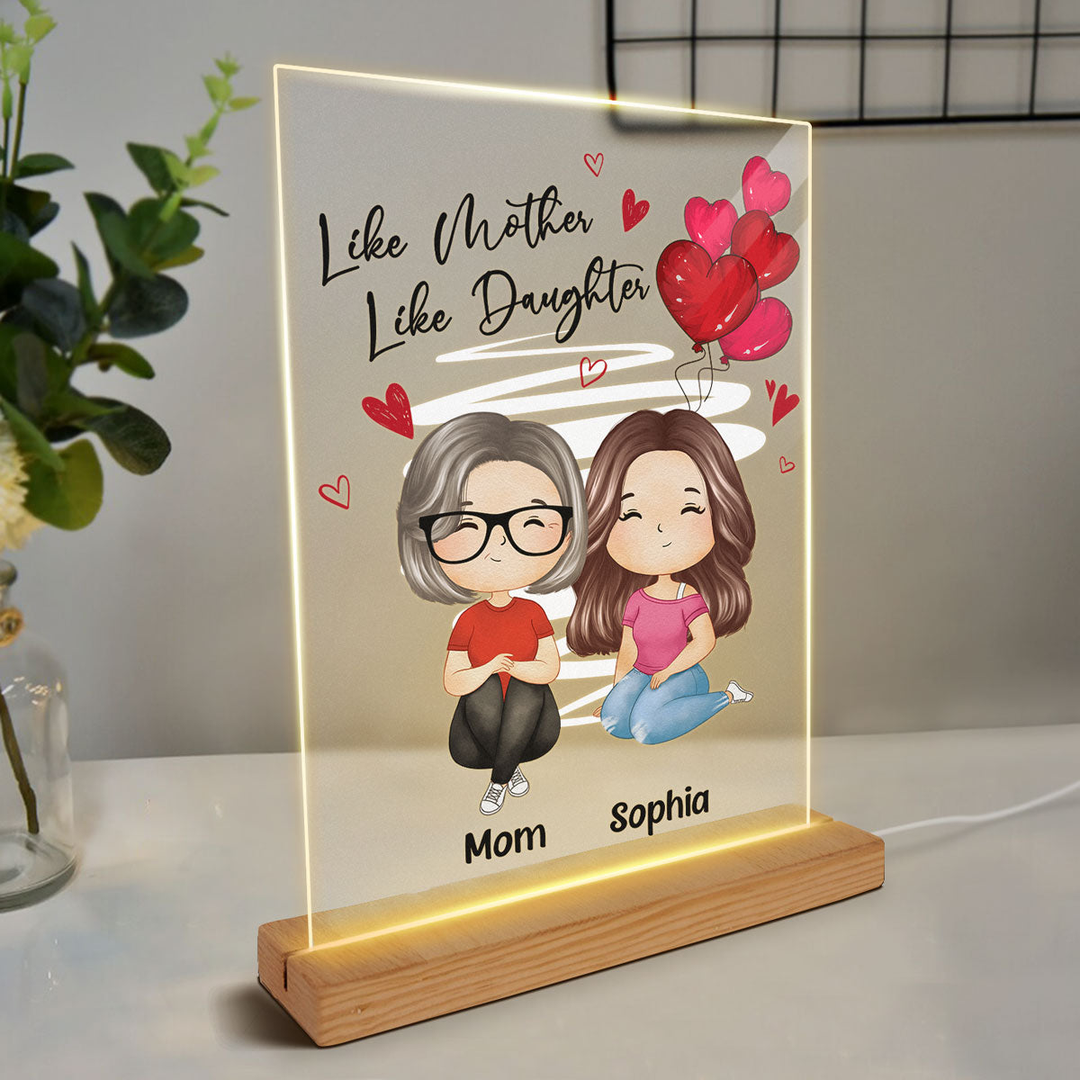 Red Hearts Like Mother Like Daughters Watercolor Style Women Sitting Gift For Mom Daughters Personalized Rectangle Acrylic Plaque LED Night Light