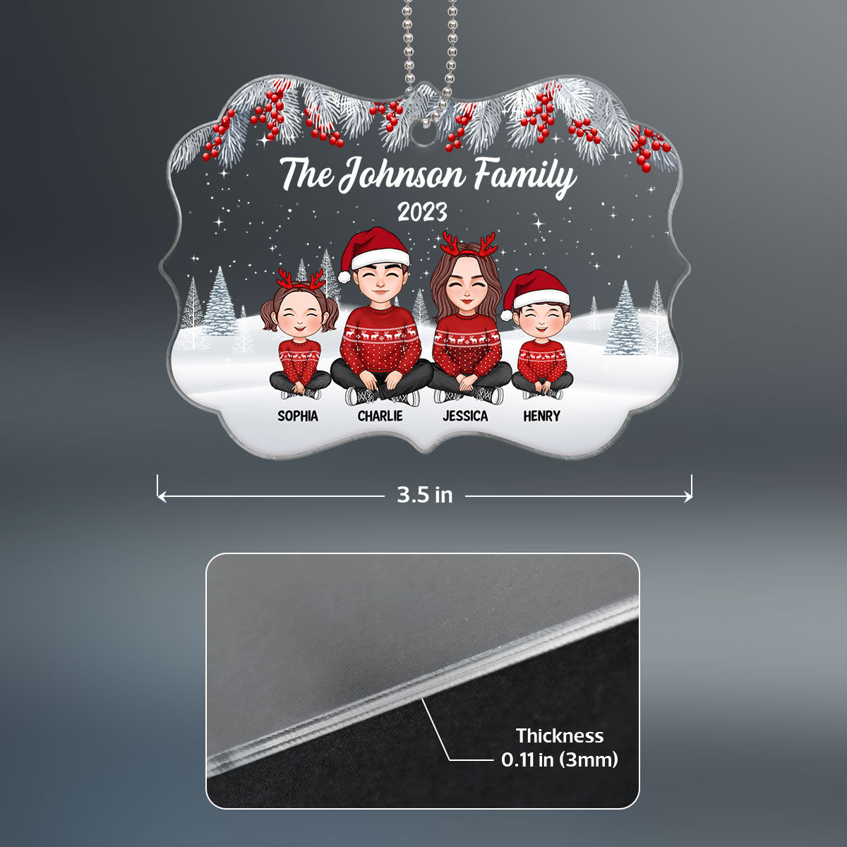 Cute Family Sitting In Snow Personalized Acrylic Ornament