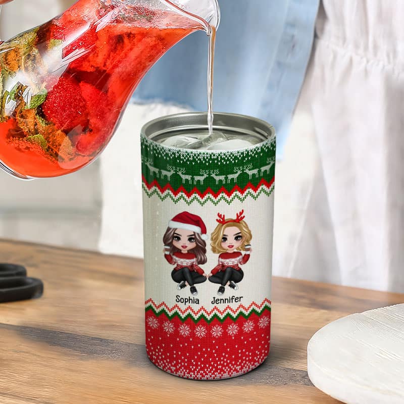 Besties Sisters Christmas Ugly Sweater Pattern Personalized 4 In 1 Can Cooler