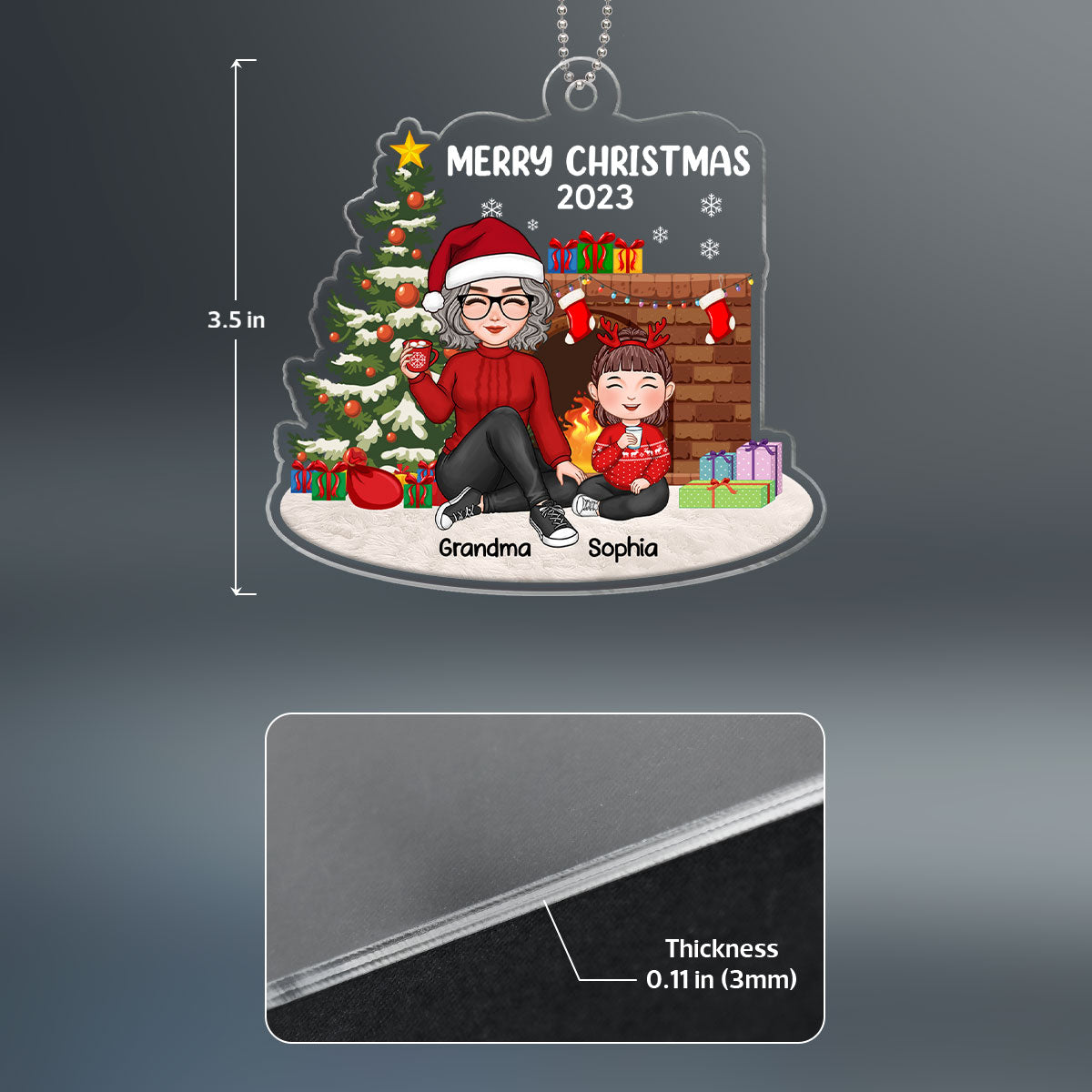 Merry Christmas Cute Grandma & Grandkid Sitting At Fireplace Personalized Acrylic Ornament