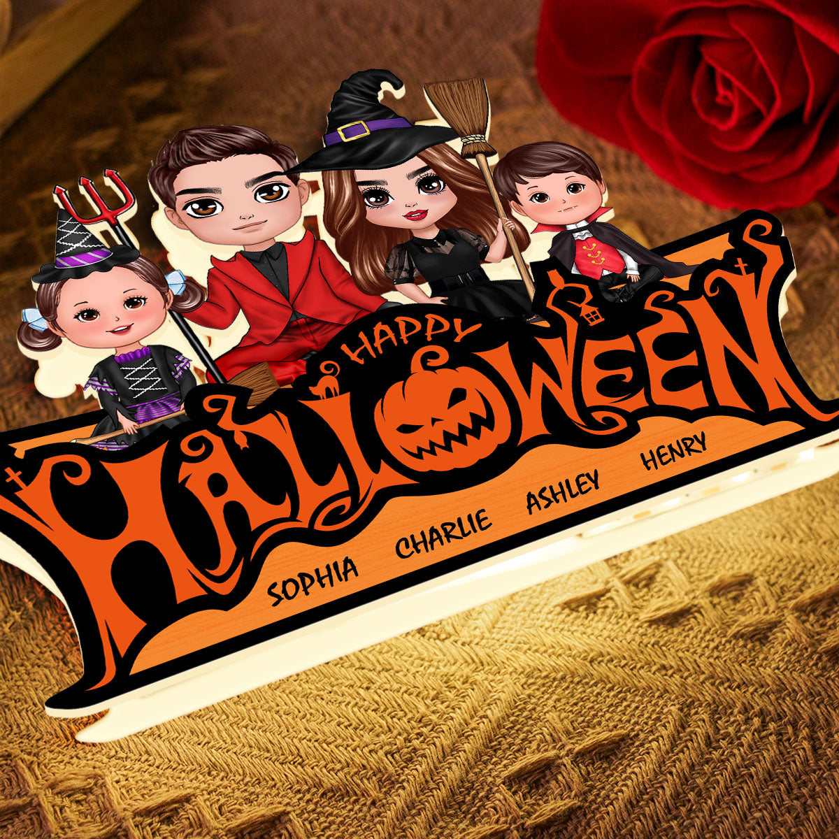 Happy Halloween Jack O Lantern Spooky, Family Sitting Personalized Light Box, Halloween Decor Indoor
