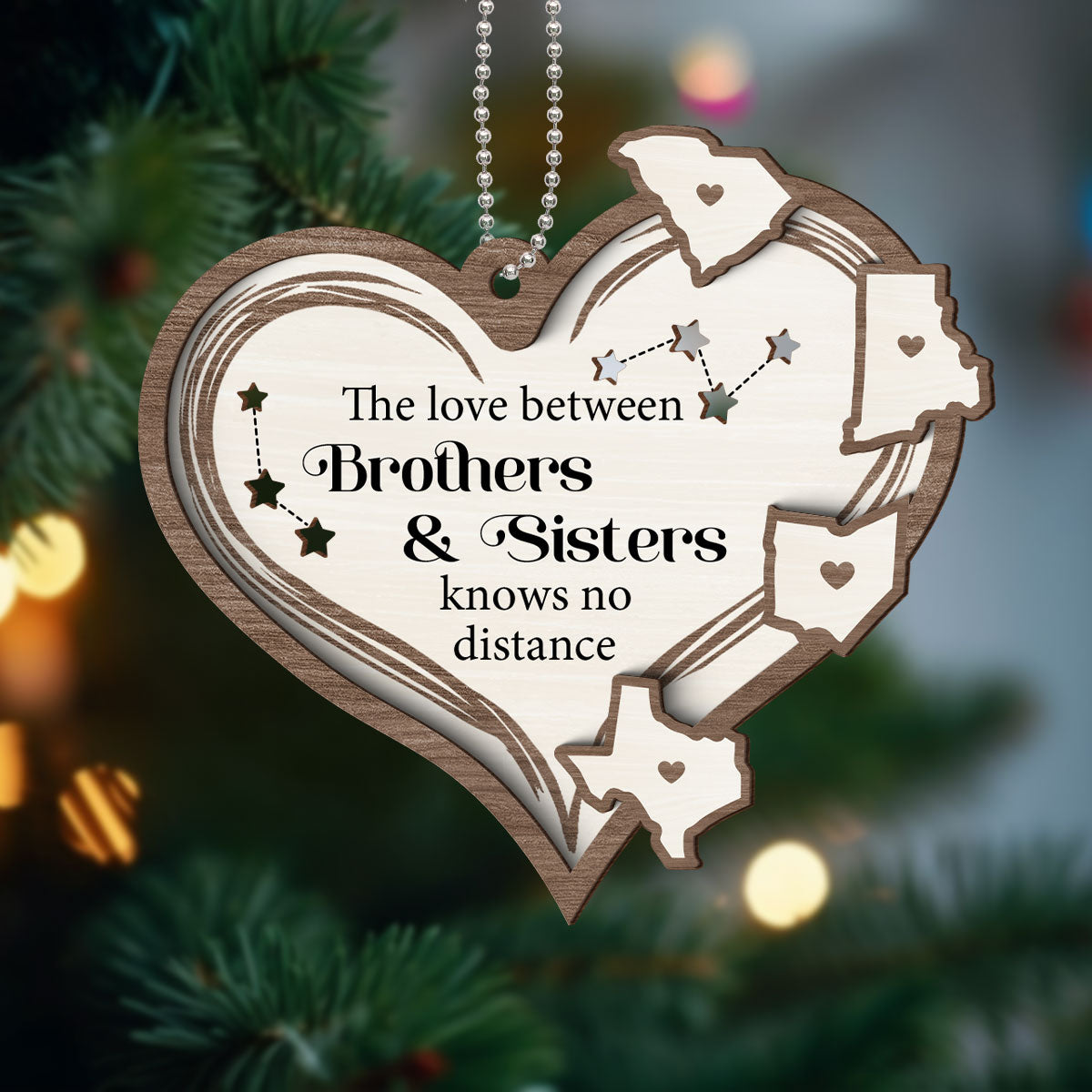 The Love Between Brothers & Sisters Knows No Distance, Long Distance Togetherness Christmas Personalized 2-Layer Wooden Ornament