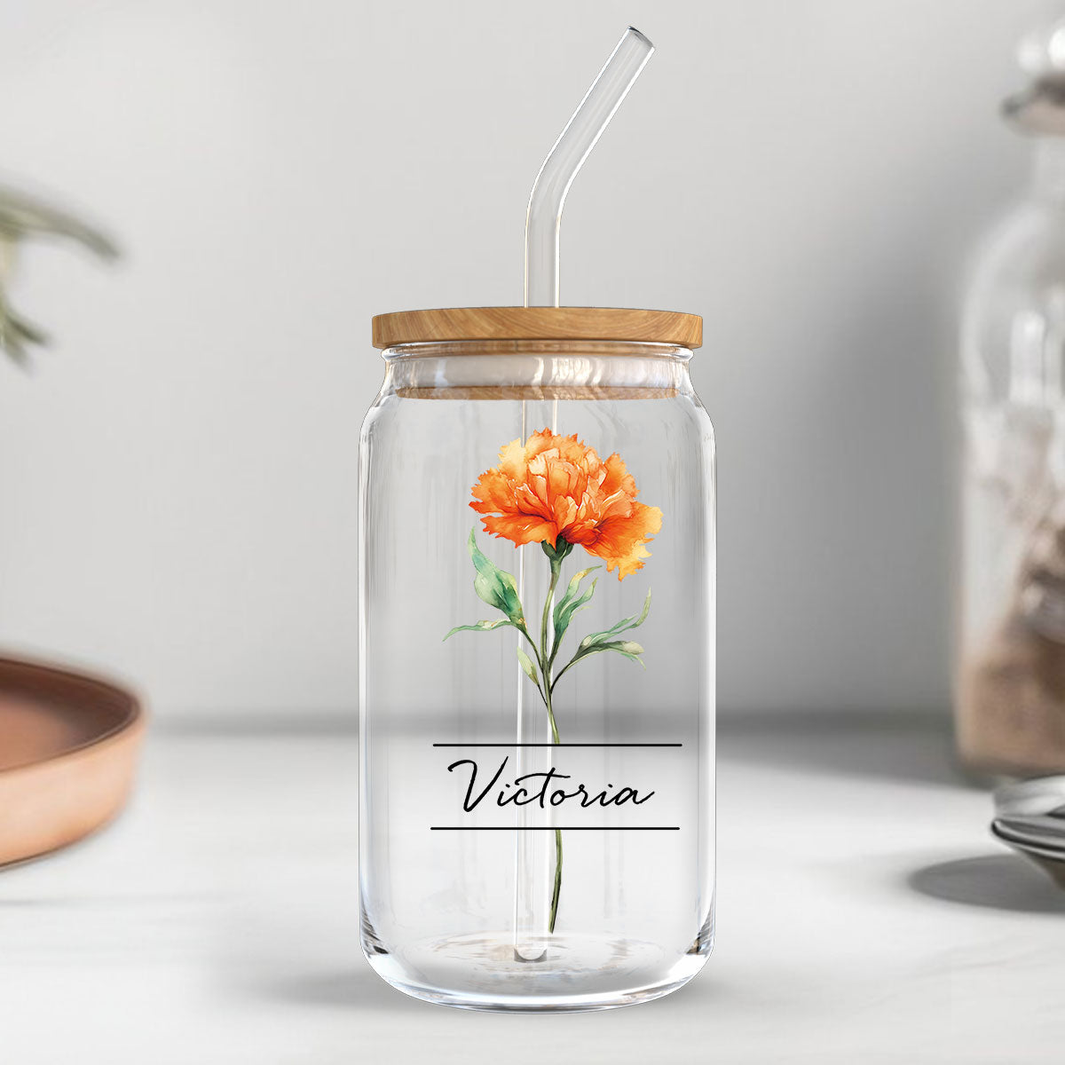 Beautiful Birth Flower With Name Birthday Gift For Friends Mom Grandma Mother‘s Day Gift Personalized Clear Glass Can
