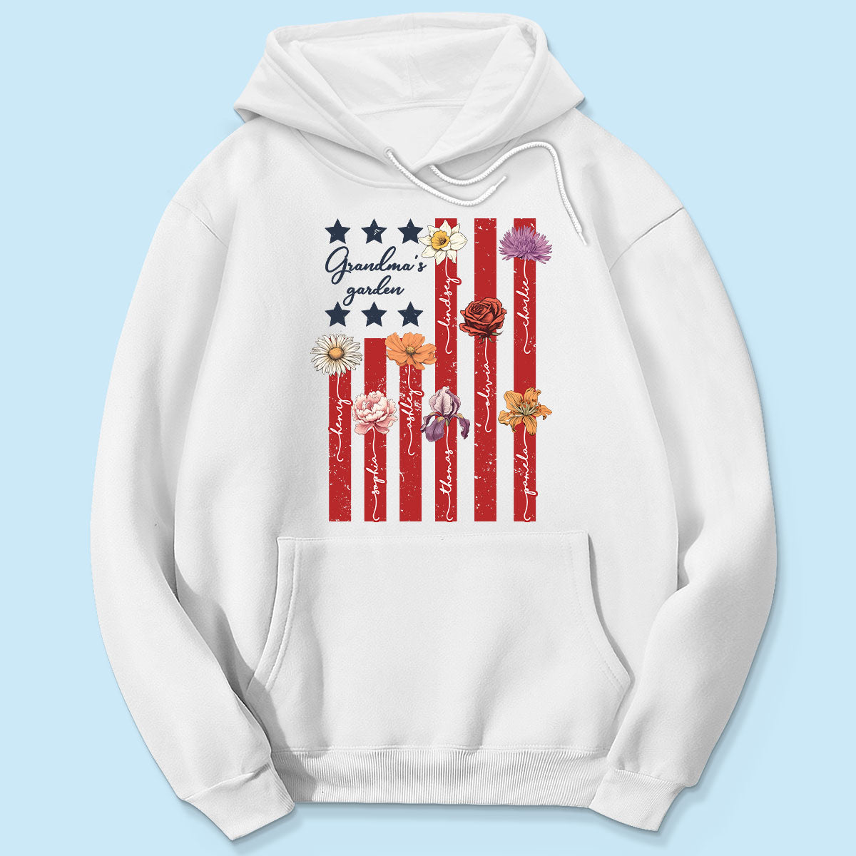 Grandma's Garden 4th Of July American Flag Personalized Shirt, Birth Month Flower, Gift For Grandma