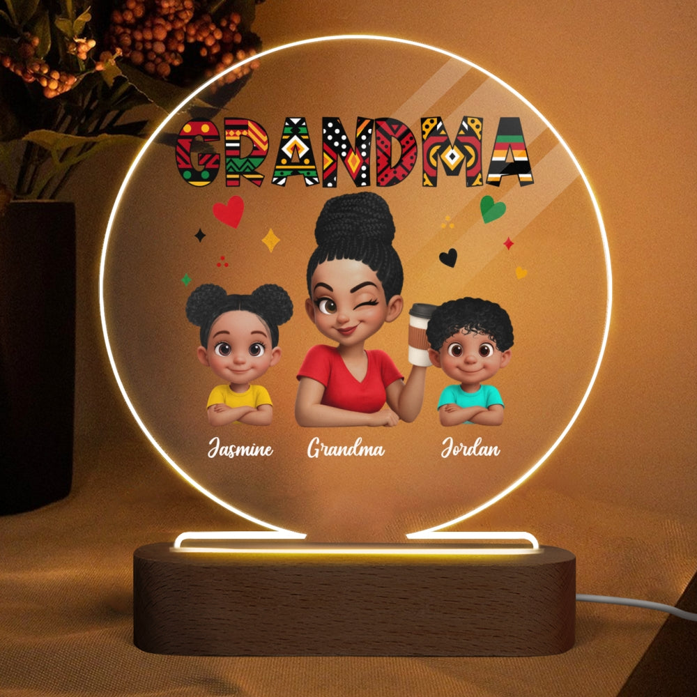 Tribal Pattern Grandma Grandkids Love - Personalized Circle Plaque LED Night Light - Gift For Grandma