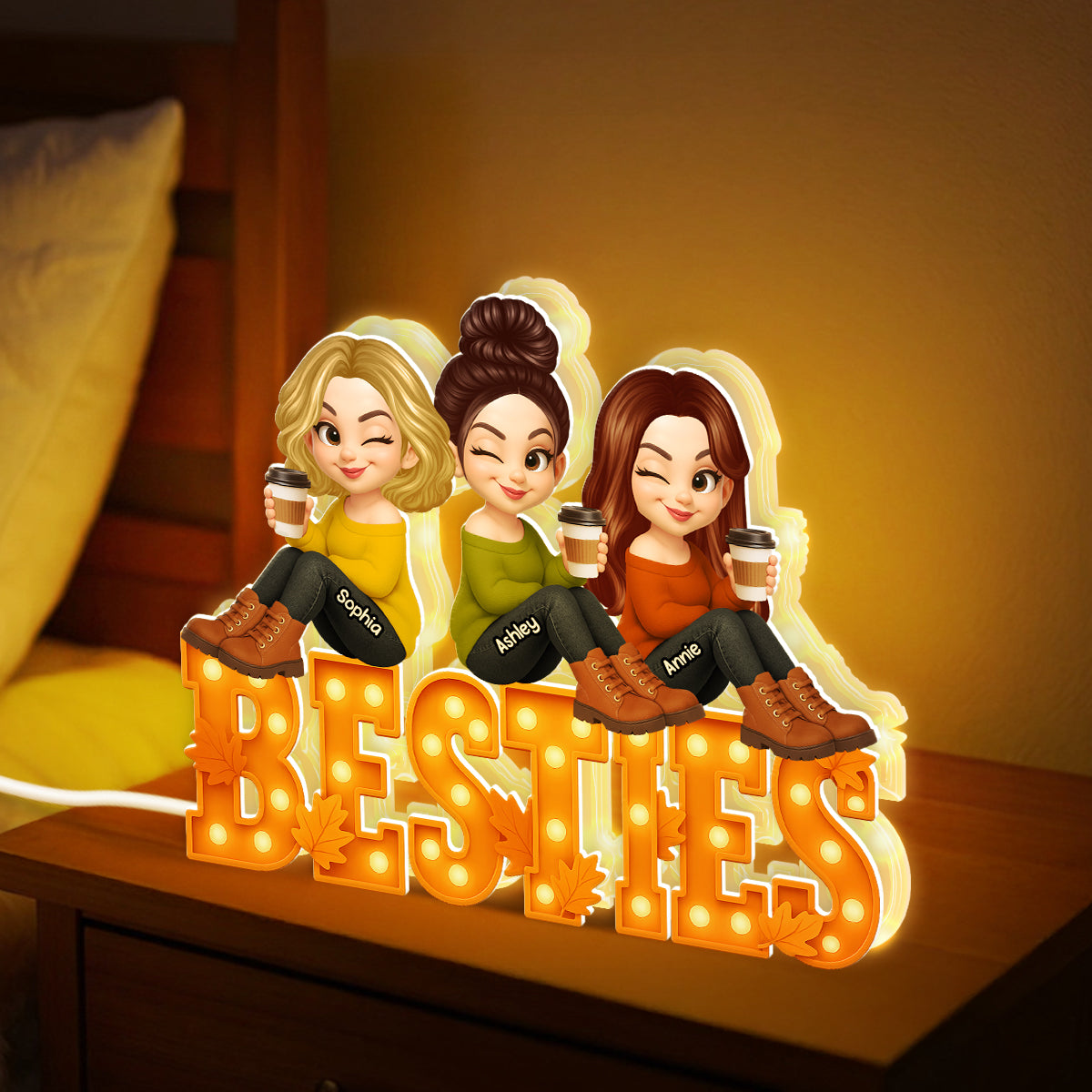 Fall Season Besties Sitting Marquee Pattern Texture Letters Personalized LED Light Box