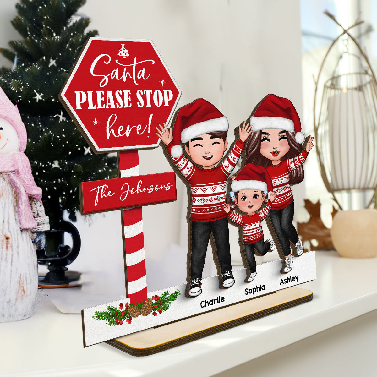 Santa Please Stop Here Family Christmas Decor Personalized 2-Layer Standing Wooden Plaque