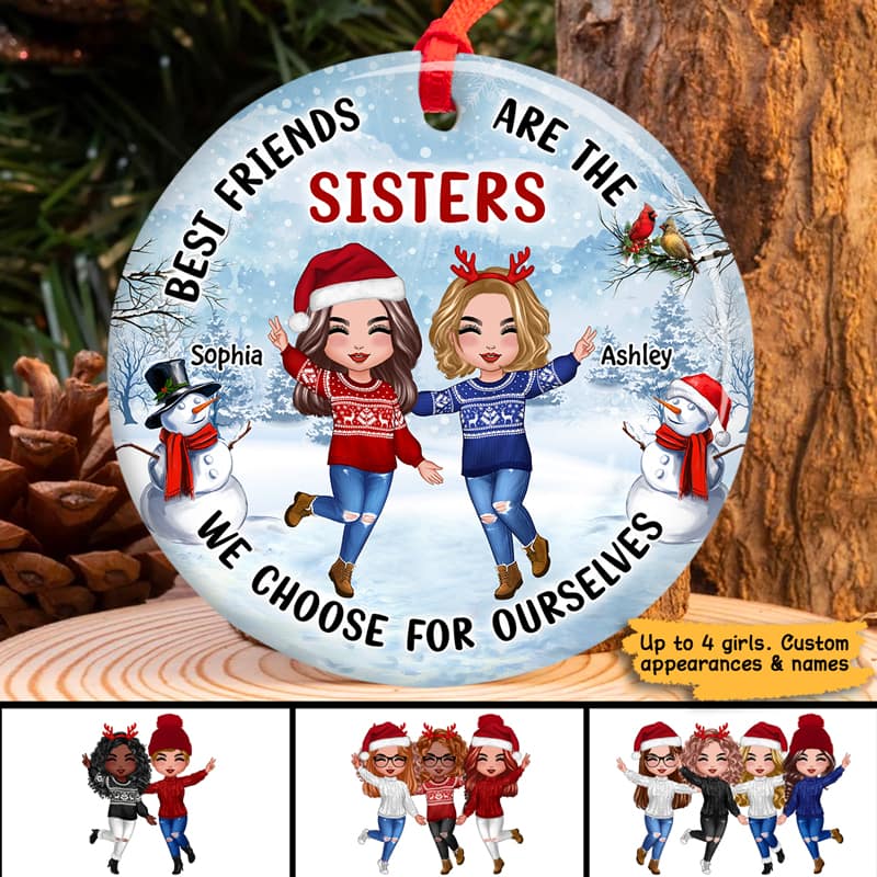 Happy Doll Besties In Snow Christmas Personalized Circle Ornament