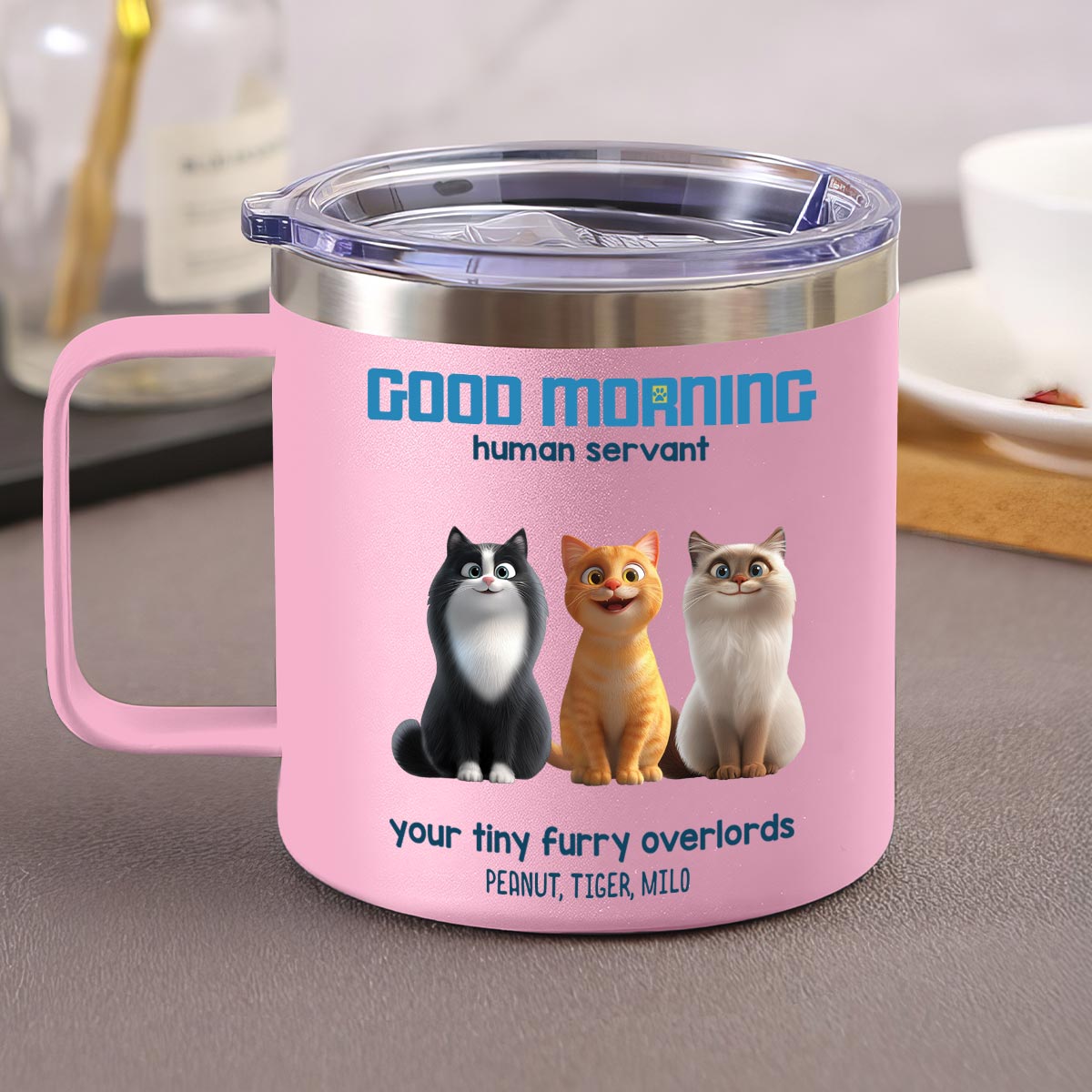 Good Morning Human Servant Personalized Stainless Steel Tumbler With Handle, Unique Gift for Cat Mom Cat Dad