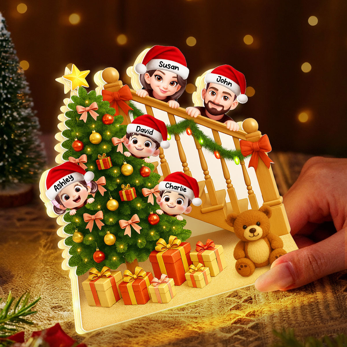 Peeking Family Christmas Tree And Stair Personalized LED Light Box