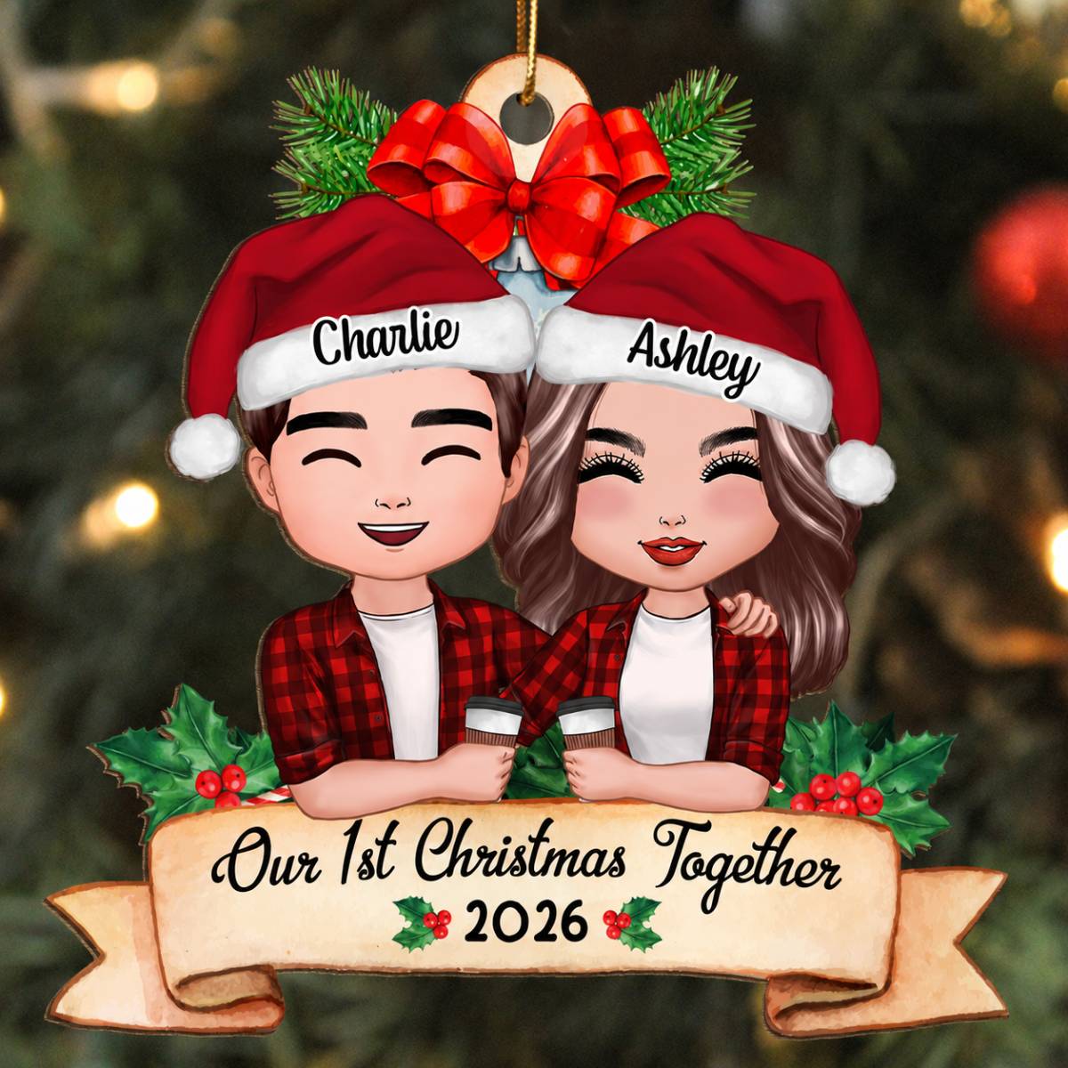 Our First Christmas Couple Holding Drink Personalized Wooden Ornament