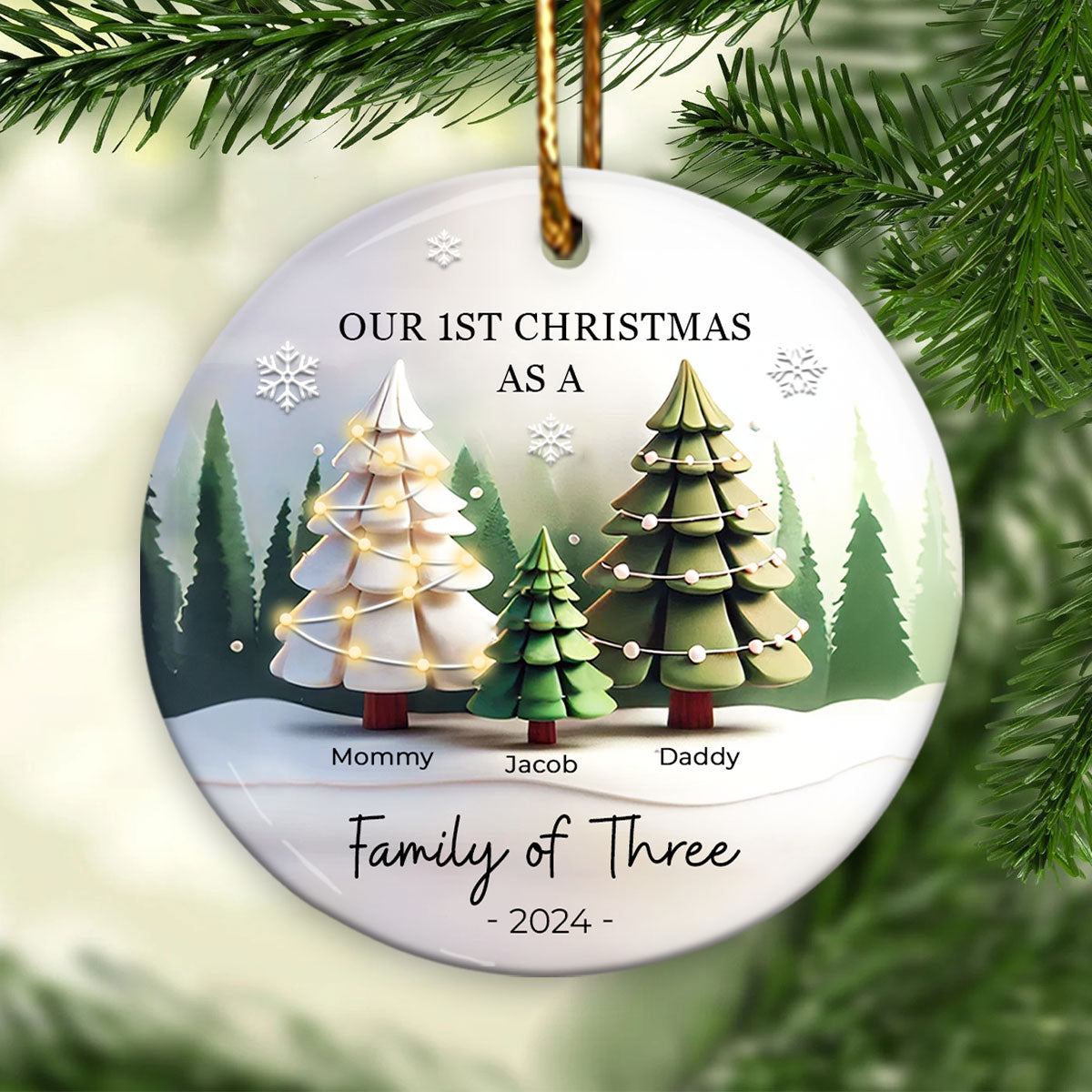 First Christmas As A Family Of 3, 3D Effect Personalized Ceramic Ornament, Christmas Gift For Newborn, New Mom, New Dad