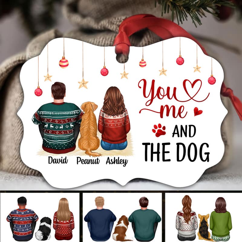 Back View Couple Sitting With Dogs Personalized Christmas Ornament