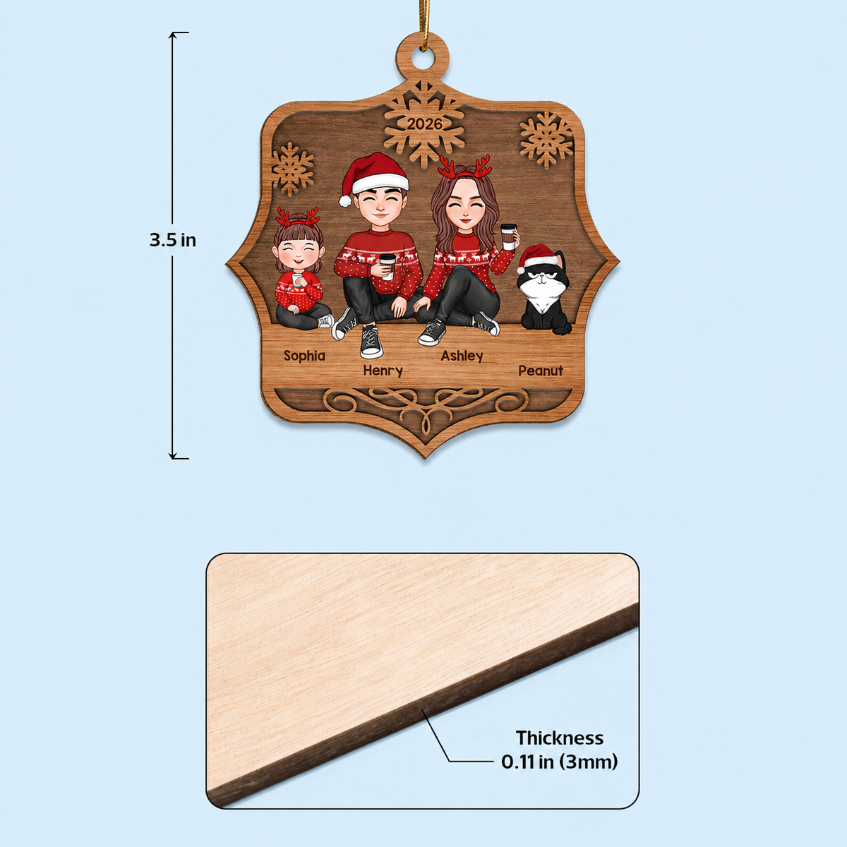 Cute Family Sitting Family Name Personalized Wooden Ornament