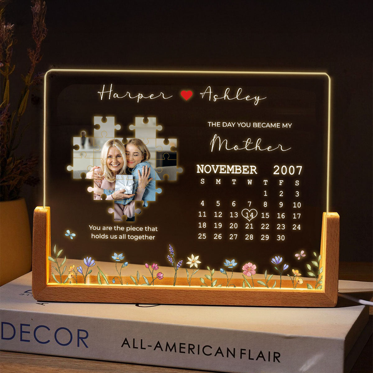 The Day You Became My Mommy, You Are the Piece that Holds Us All Together Personalized Photo Night Light Plaque, Mom Gift from Daughter, Gift