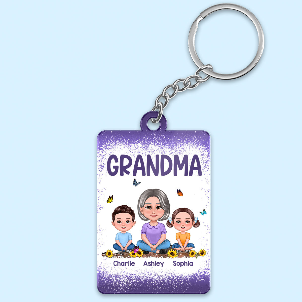 Purple Grandma Mom Kids Butterflies Personalized Acrylic Keychain