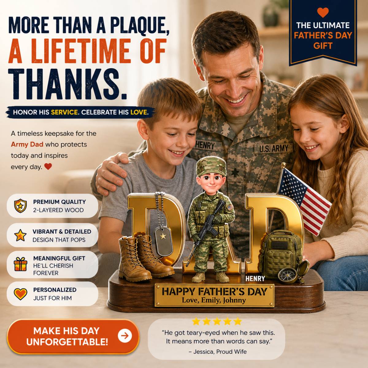 Proud American Army Military Hero Dad 2D Flat - Personalized Acrylic Block Plaque - Father's Day Gift For Dad