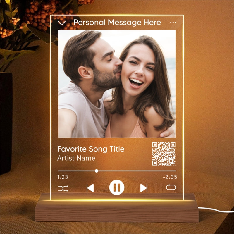 Favorite Song & Photo Scannable QR Code Personalized Rectangle Acrylic Plaque With LED Night Light - Gift For Her - Gift For Him