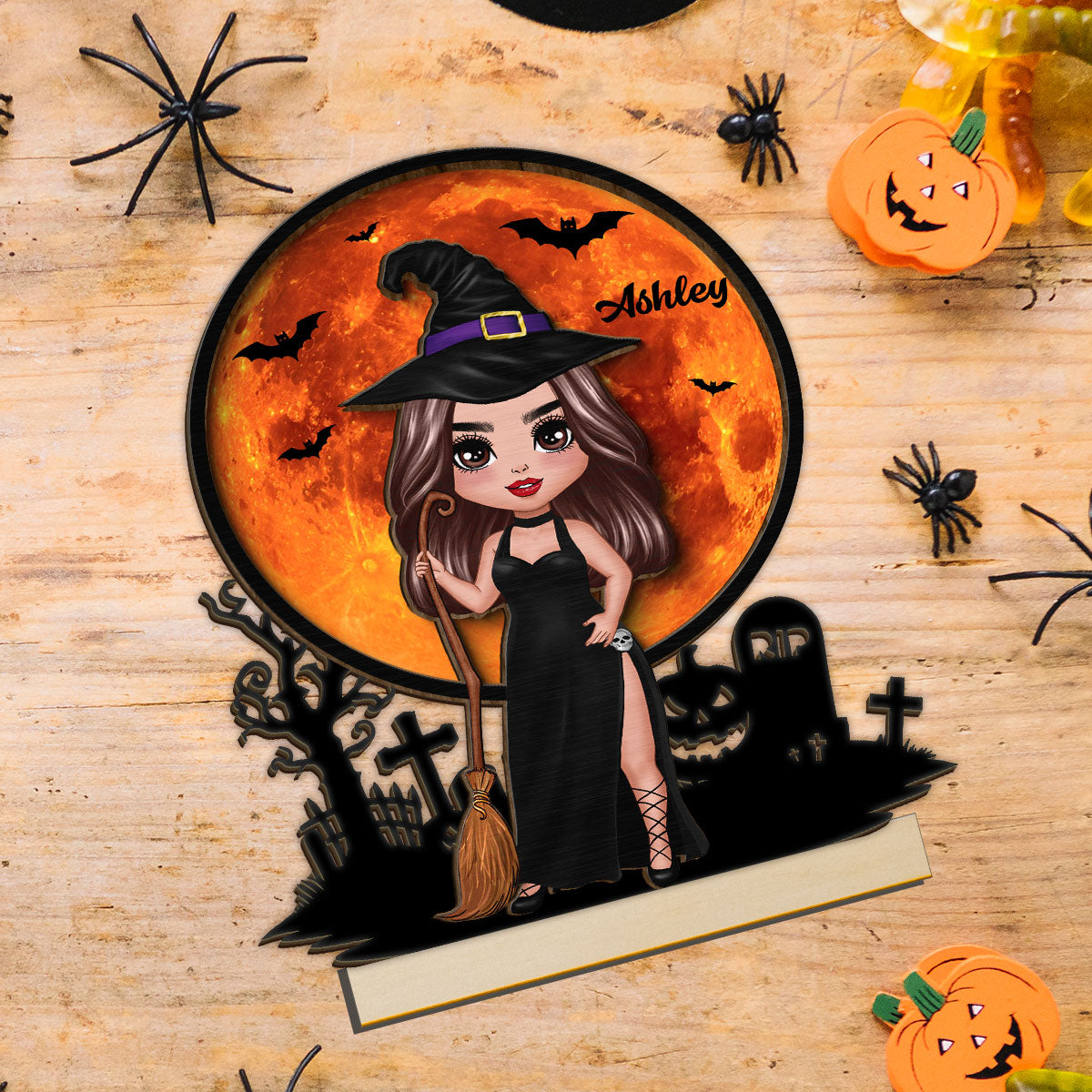 Witch Under Halloween Moon Tabletop Tier Tray Wicca Pagan Decor Personalized 2-Layer Standing Wooden Plaque