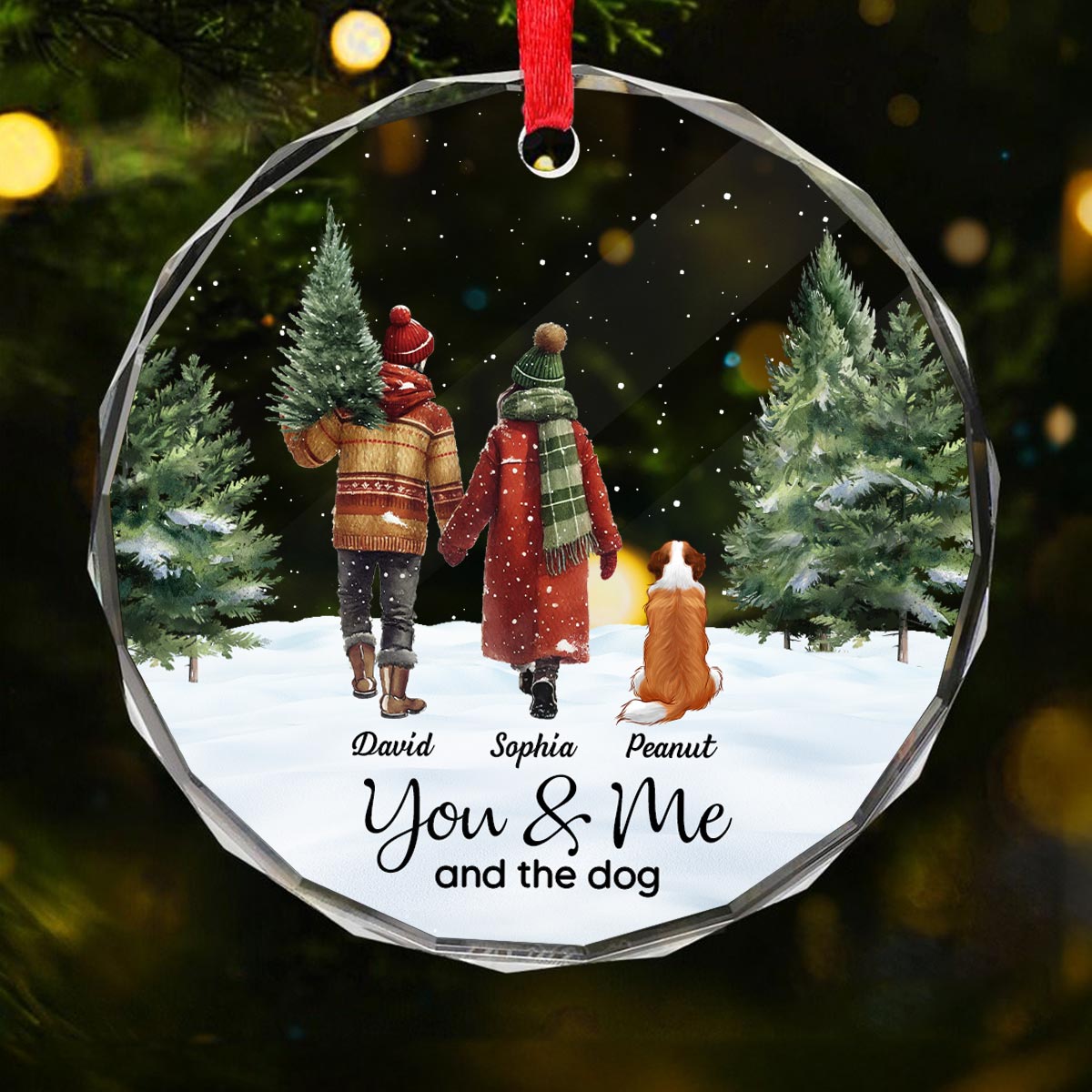 Couple You & Me And The Dog In Snowy Christmas Personalized Glass Ornament