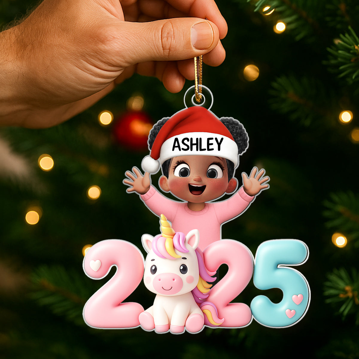 3D Effect Happy Kid With Unicorn Numbers - Personalized Acrylic Ornament - Christmas Gift For Kids, Grandkids, Granddaughter