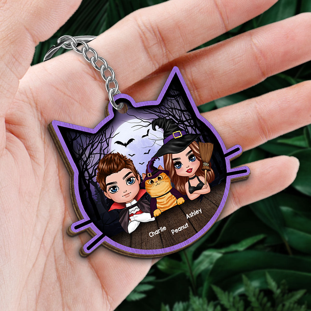 Halloween Couple And Fluffy Cats Cat Face Shape Personalized Wooden Keychain