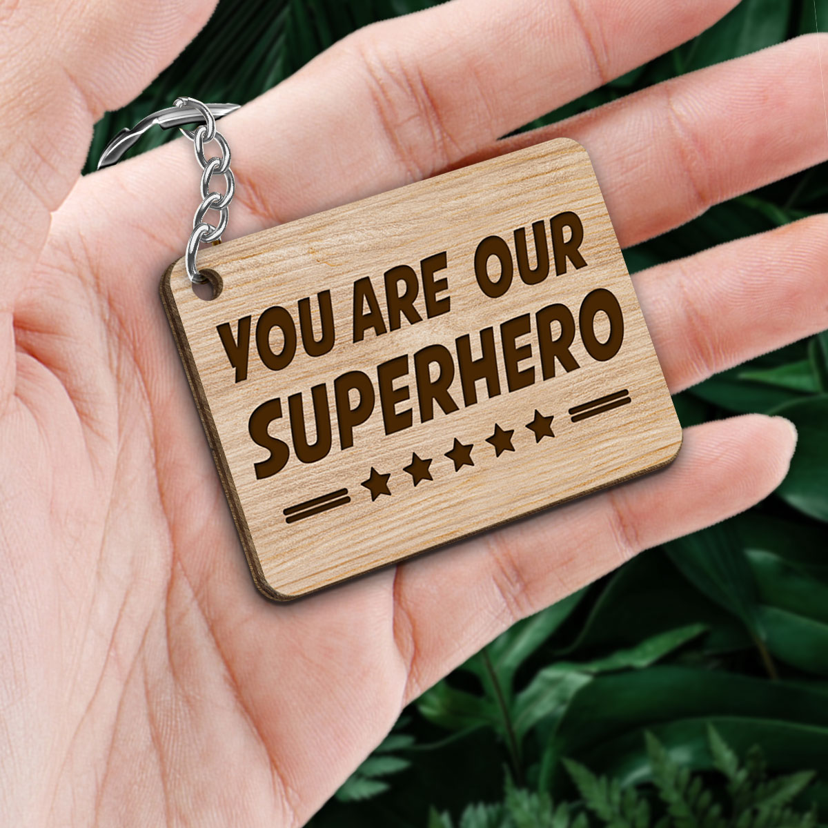You Are Our Hero Super Dad Back View Walking Man & Kids Personalized Wooden Keychain