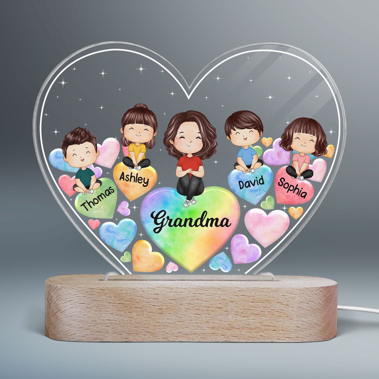 Watercolor Grandma Grandkids Hearts In Heart Personalized Heart Acrylic LED Night Light