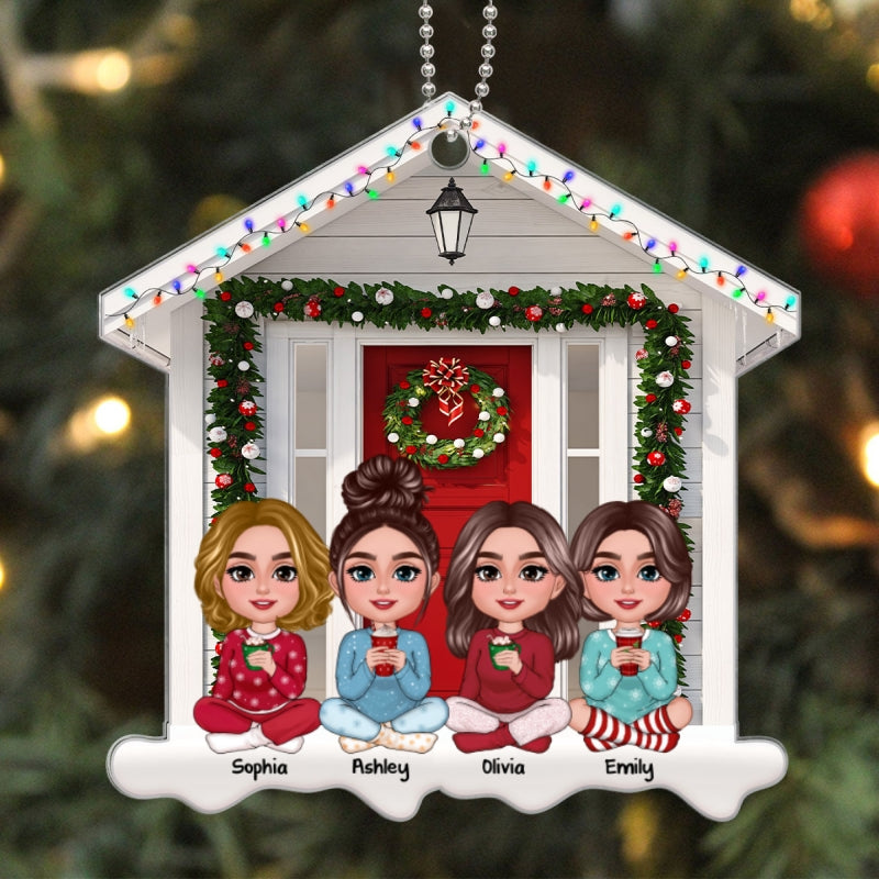 Besties Sisters Sitting Front Door House Shaped Personalized Acrylic Ornament