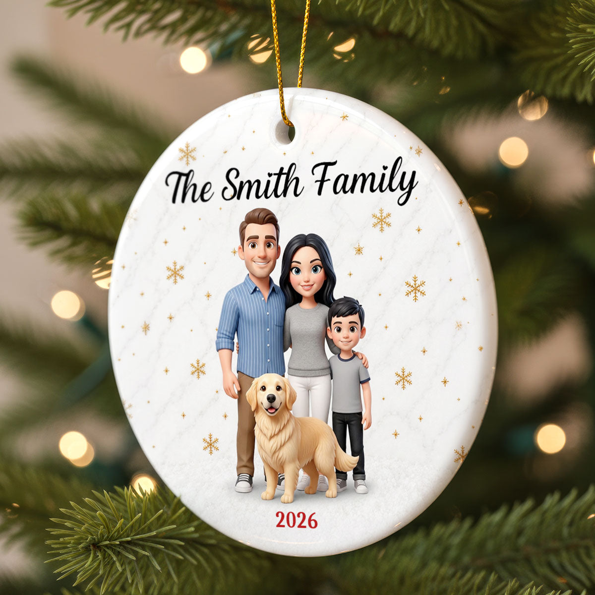 Cartoon Family Portrait From Photo 2D Flat - Personalized Ceramic Ornament - Christmas Keepsake