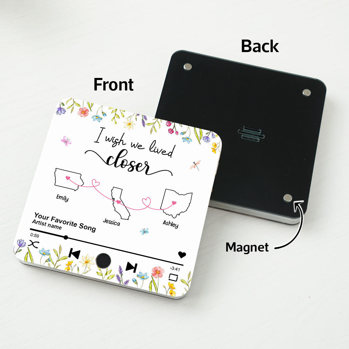 I Wish We Lived Closer Floral Personalized Custom Music Fridge Magnet, Mother Daughter, Best Friends, Siblings