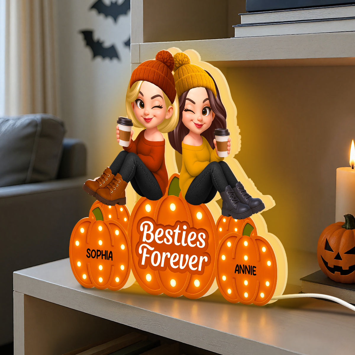 Fall Season Besties Sitting On Marquee Pattern Texture Pumpkins Personalized LED Light Box, Fall Gift For Best Friends