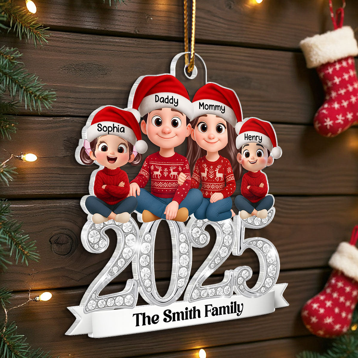3D Shining Effect 2025 Family Sitting - Personalized Acrylic Ornament - Christmas Gift for Family