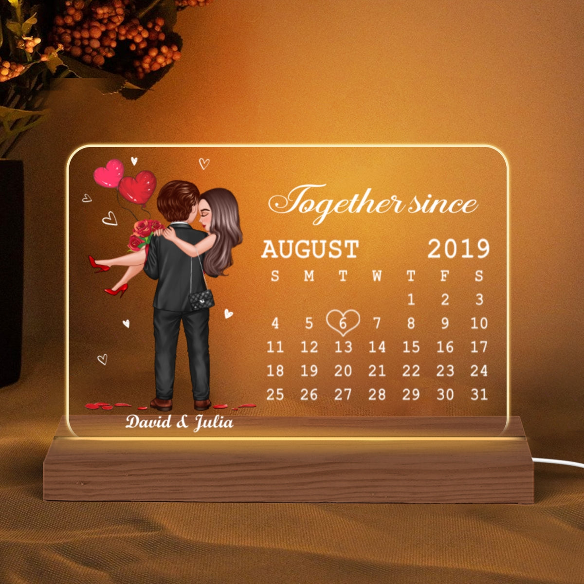 Embracing Hugging Doll Couple Calendar Personalized Custom Shape LED - Gift For Him Gift For Her